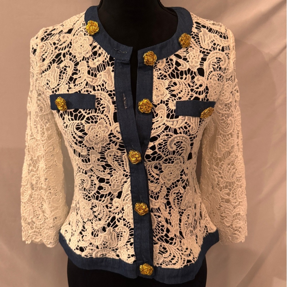 Michael Simon Lace Denim Trim Jacket Gold Rose Button White Blue PM Petite Med